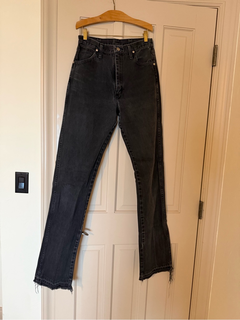 LONG Wrangler Washed Black Cowboy Cut Jeans with Raw Hem